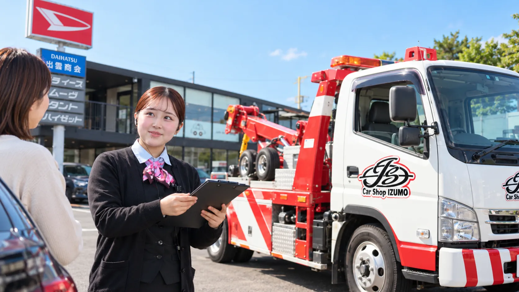 伊万里の株式会社 出雲商会で、レッカー車の前でスタッフがお客様に事故や故障時の対応を案内しているイメージ