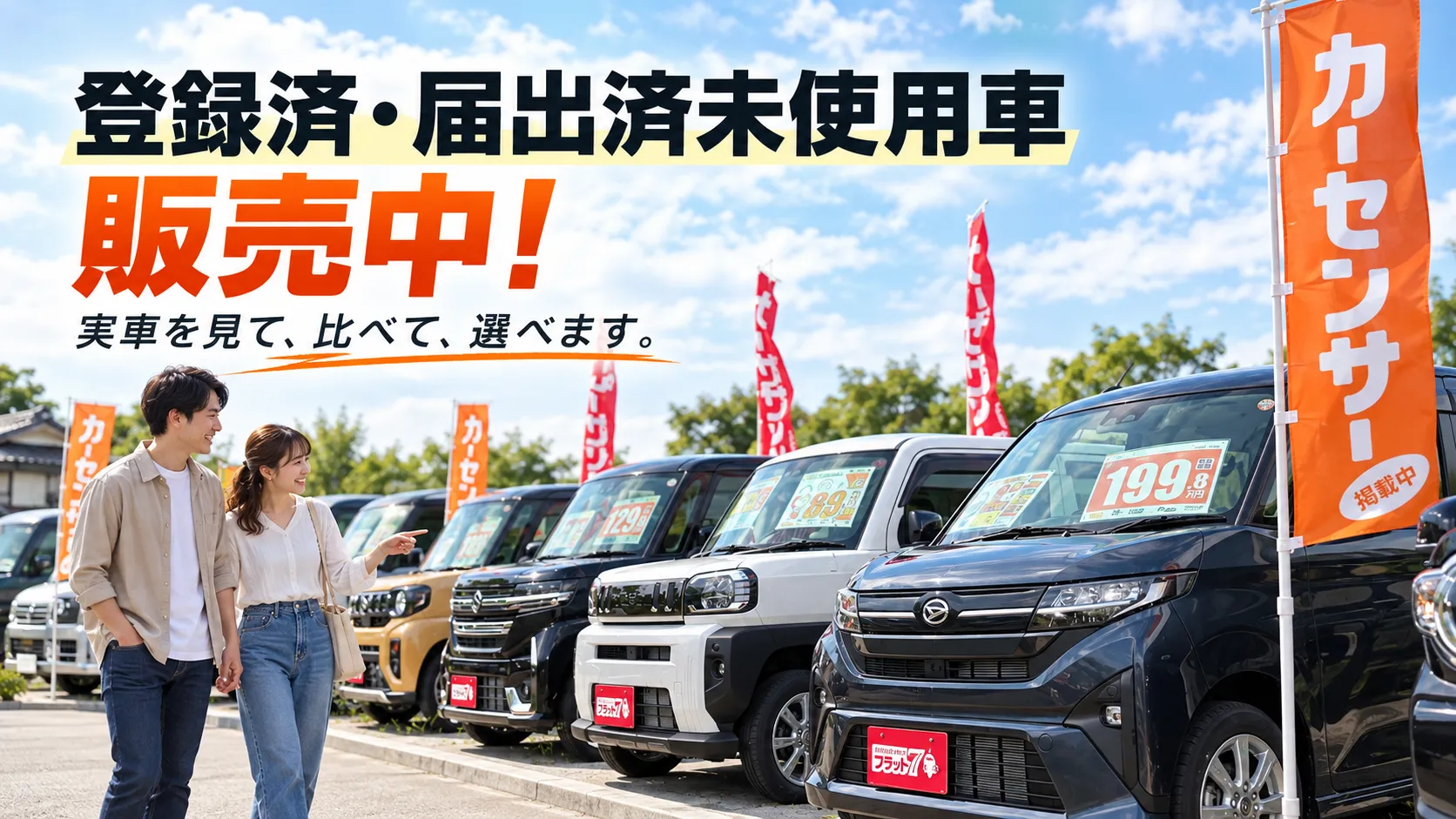 伊万里の出雲商会で登録済・届出済未使用車を見て比較するご夫婦