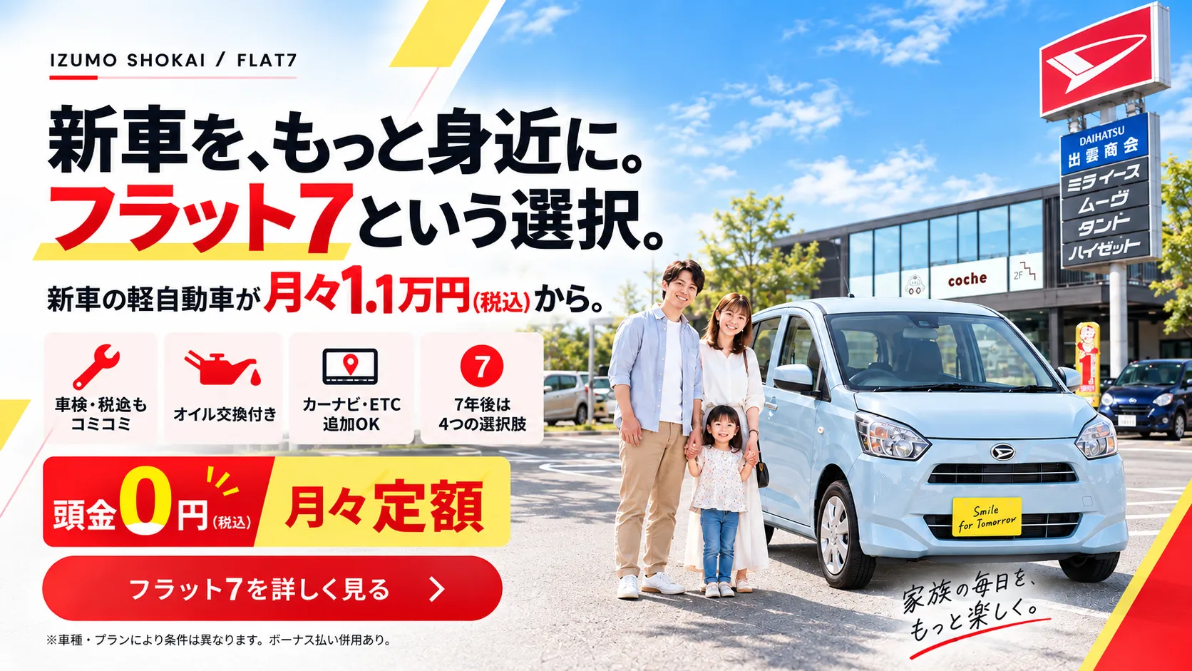 佐賀県伊万里市のフラット7出雲商会で新車の軽自動車を月々定額で利用する家族のイメージ